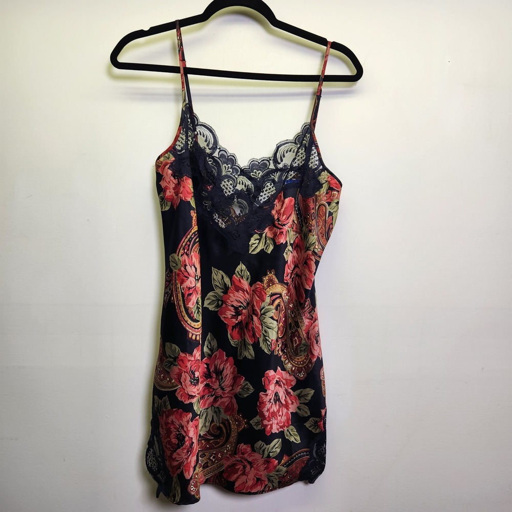 Vtg Victoria's Secret Gold Label Slip Dress S Lace Trim Navy Blue Floral Paisley